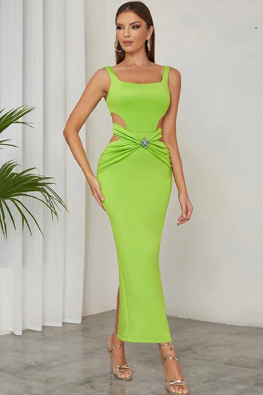 Mermaid - Style Women Dress with a Fitted Silhouette for Special OccasionsGreen A Line Square Neck Hollow Out Pleated Long Formal Party Dress