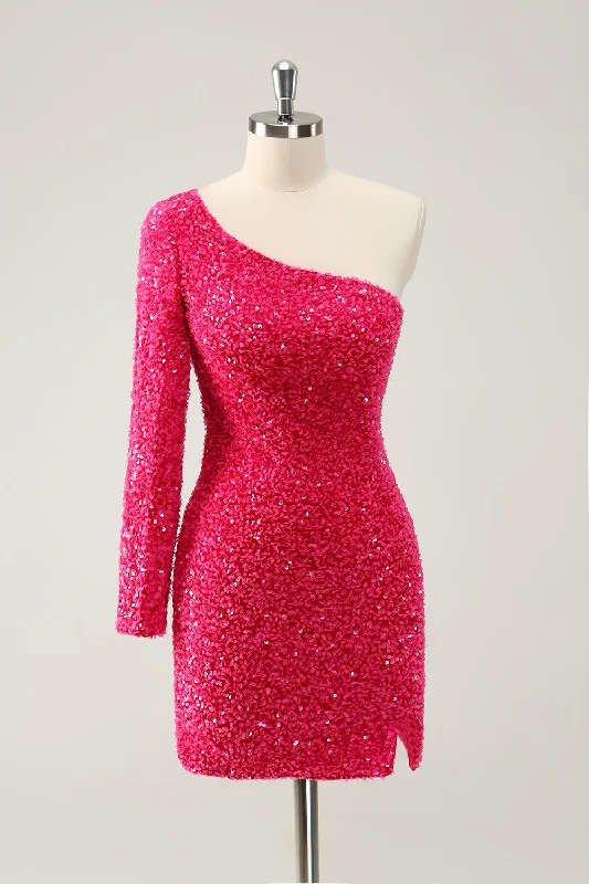 Sleeveless Women Dress in Bright Colors for Summer PartiesHot Pink One Shoulder Glitter Sequins Homecoming Dress with Slit