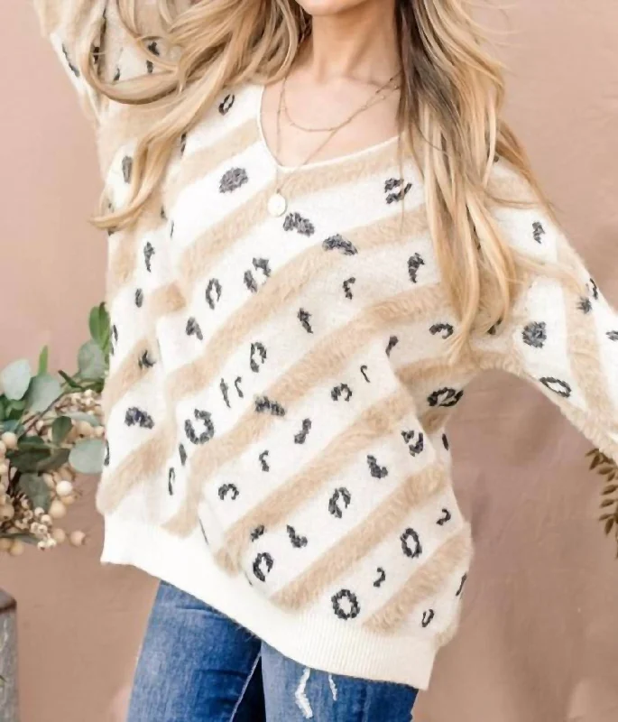 Organic Cotton Women Sweater for an Eco - Friendly ChoiceOrganic Cotton Women Sweater for an Eco - Friendly ChoiceLeopard Print Faux Fur V Neckline Sweater In Cream