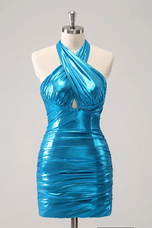 Backless Women Dress for a Sexy and Alluring Look at Evening EventsMetallic Tight Halter Backless Satin Blue Homecoming Dress