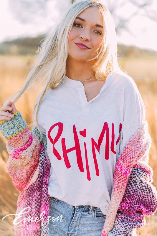 Distressed Women T Shirt with a Laid - Back AestheticPhi Mu Heart Henley