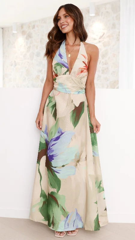 Ball Gown Women Dress with a Full Skirt for a Princess - like LookSaffron Maxi Dress - Beige Floral