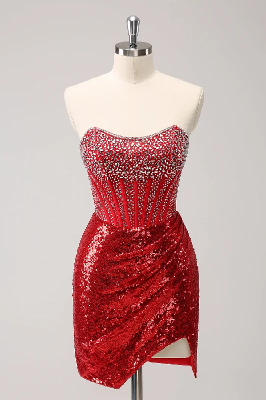 Ruffled Women Dress with Multiple Layers for a Playful and Girly StyleSparkly Red Strapless Corset Sequined Beaded Tight Homecoming Dress with Slit