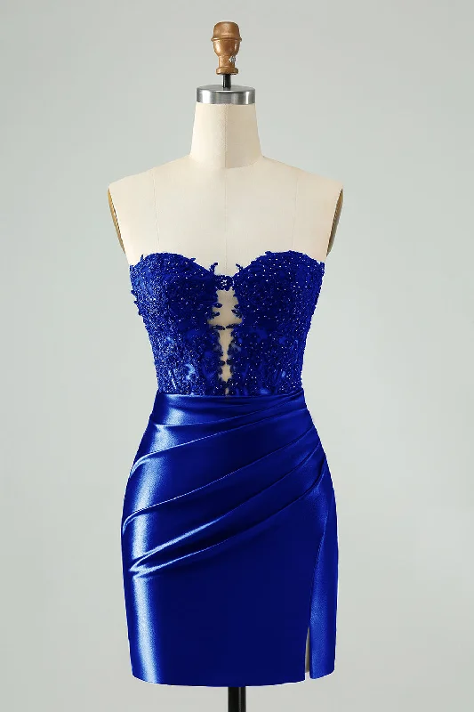 Strapless Women Dress with a Built - in Bra for Comfort and SupportSparkly Royal Blue Bodycon Strapless Hollow Out Homecoming Dress with Lace