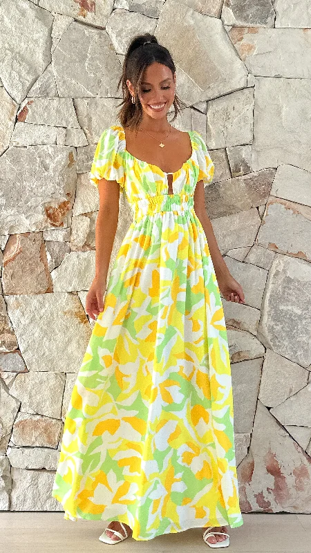 Off - the - Shoulder Women Dress for a Romantic and Feminine LookXaviere Maxi Dress - Yellow / Green Print