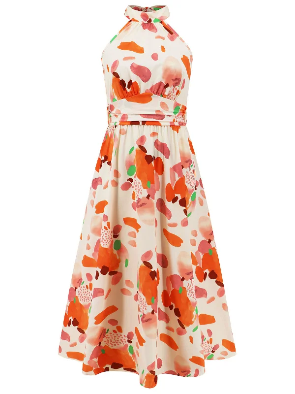 Printed Abstract Women Dress for a Modern and Artistic Appeal1940s Halter Lace-Up Printed Sleeveless Dress