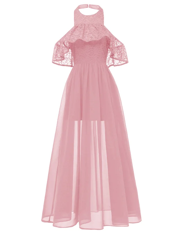 Pleated Women Dress with a Timeless and Elegant Texture1940s Solid Lace Cold-Shoulder Long Dress