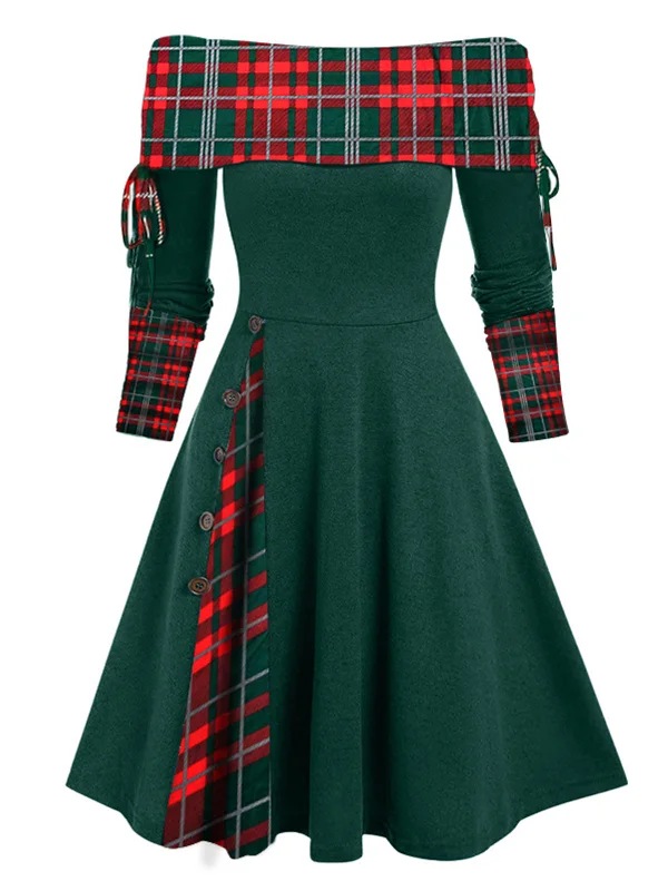 Printed Abstract Women Dress for a Modern and Artistic Appeal1950s Plaid Patchwork Lace-Up Off-Shoulder Dress