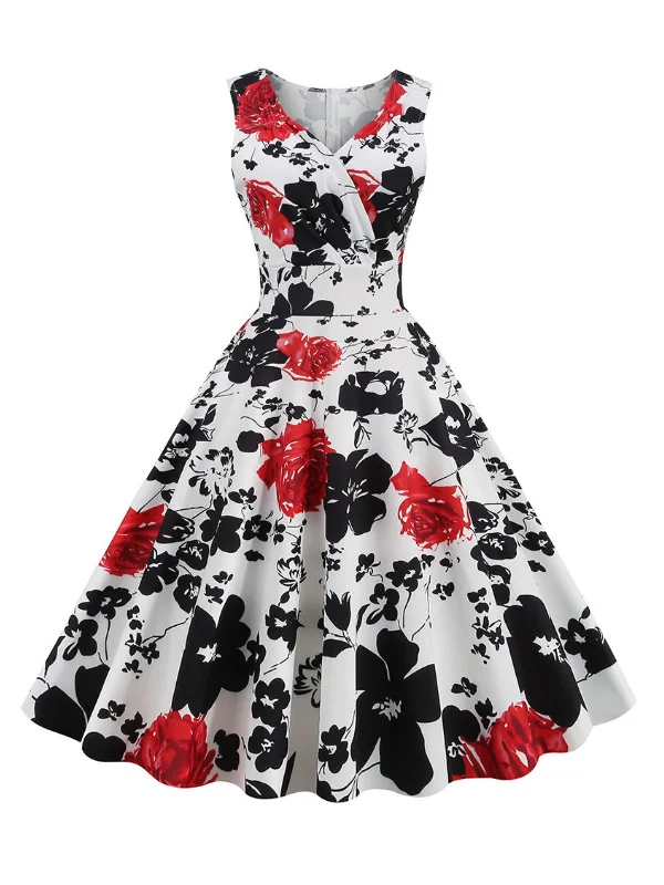 Mini Women Dress with a Short Hem for a Young and Trendy Style1950s V-Neck Floral Sleeveless Dress