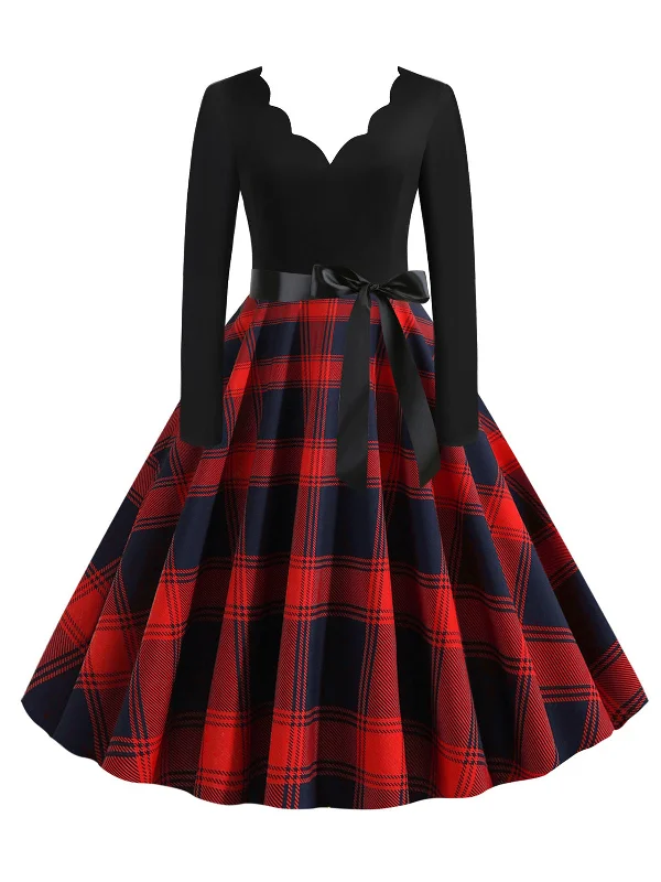 Mini Women Dress with a Short Hem for a Young and Trendy Style1950s V-Neck Long Sleeves Plaid Swing Dress