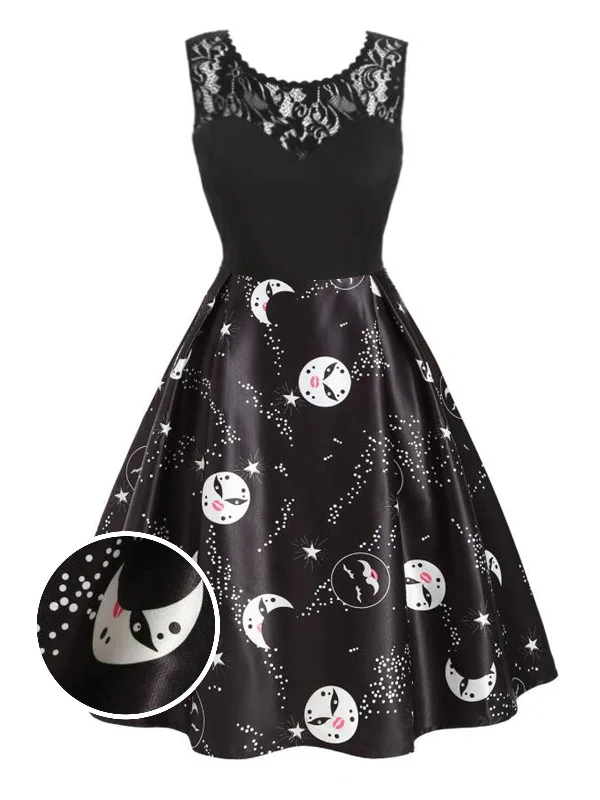 Strapless Women Dress with a Built - in Bra for Comfort and SupportBlack 1950s Moon Stars Swing Dress