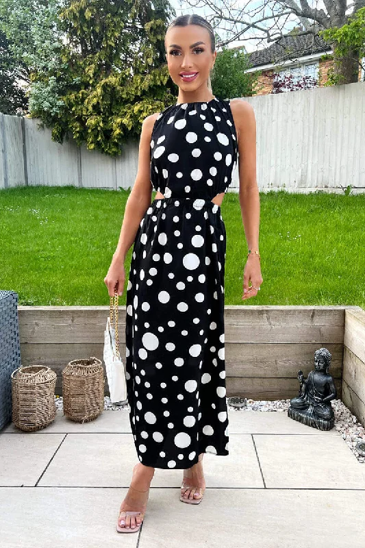 Sleeveless Women Dress in Bright Colors for Summer PartiesBlack And White Polka Dot Cut Out Midi Dress