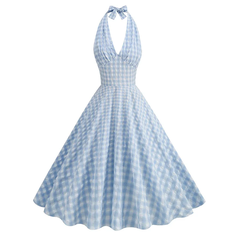 Plus Size Women Dress with a Flattering A - Line Cut for Comfort and StyleBlue 1950s Halter Plaid Swing Dress