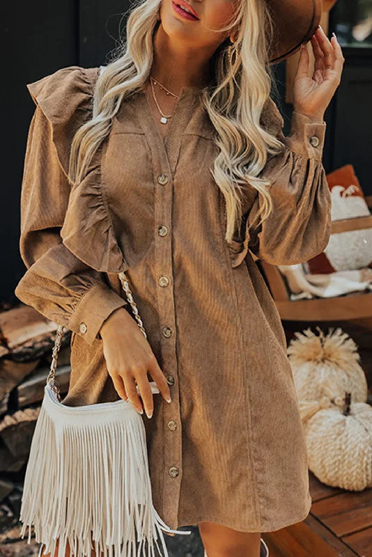 Maxi Women Dress with Floral Print for a Bohemian VibeCamel Ruffle Trim Puff Sleeve Ribbed Shirt Dress