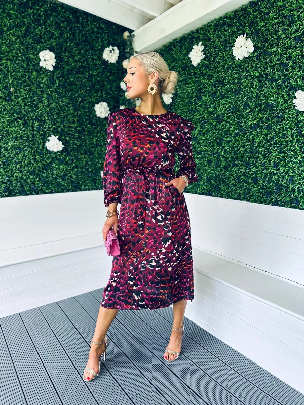 Ball Gown Women Dress with a Full Skirt for a Princess - like LookFay Padded Shoulder Long Sleeve Midi Dress Berry Leopard