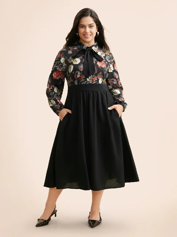 Off - the - Shoulder Women Dress for a Romantic and Feminine LookFloral Patchwork Shirred Tie Knot Dress