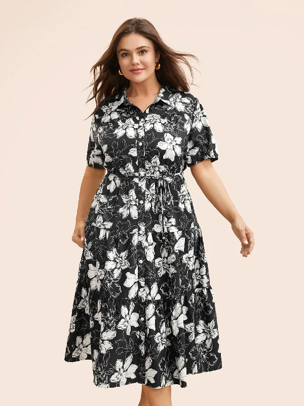 Maxi Women Dress with Floral Print for a Bohemian VibeFloral Shirt Collar Belted Midi Dress