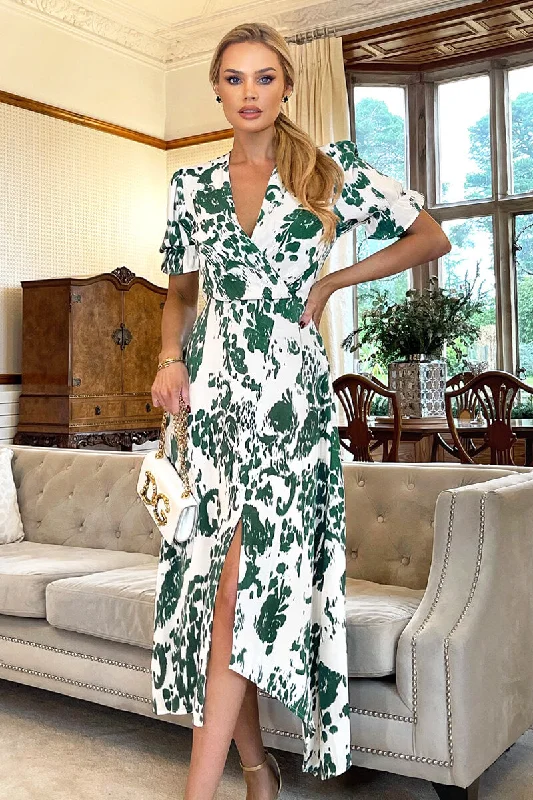 Backless Women Dress for a Sexy and Alluring Look at Evening EventsGreen And Cream Printed Short Sleeve Wrap Over Midi Dress