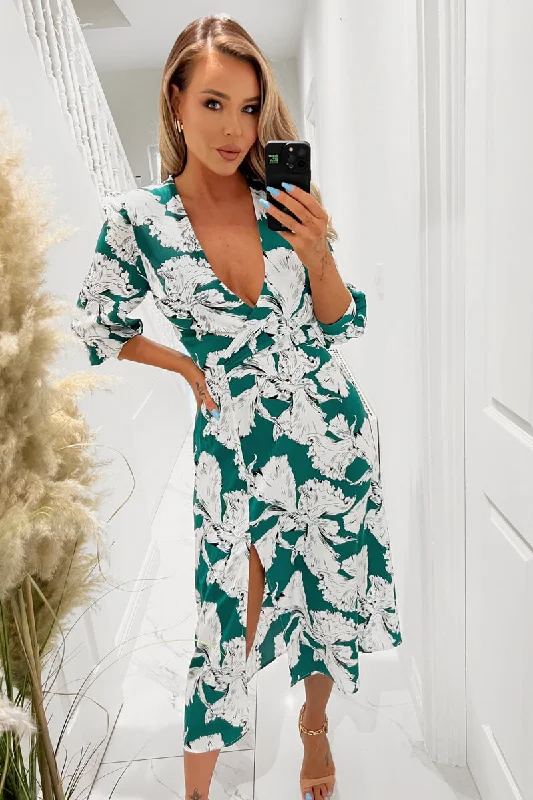 Shift Women Dress with a Simple and Classic Design for Everyday WearGreen And White Floral Print Wrap Top Midi Dress