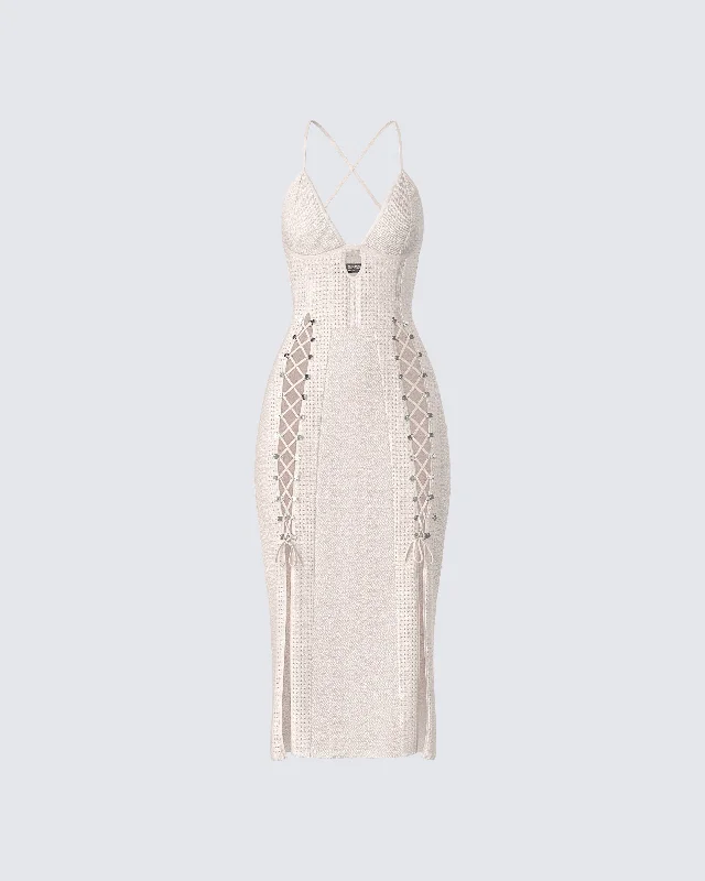 Lace - Embellished Women Dress for an Elegant and Sophisticated AppearanceJing Ivory Crochet Knit Midi Dress