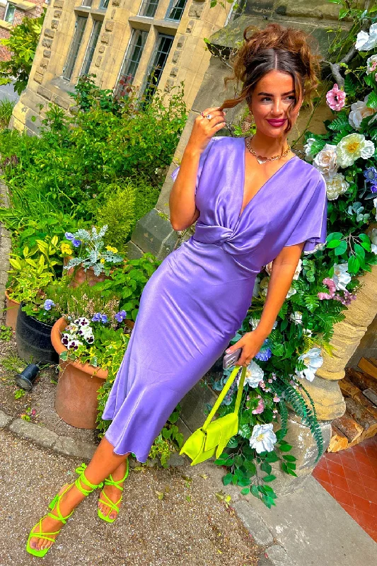 Shift Women Dress with a Simple and Classic Design for Everyday WearKnot Your Average - Lilac Satin Knot Front Midi Dress