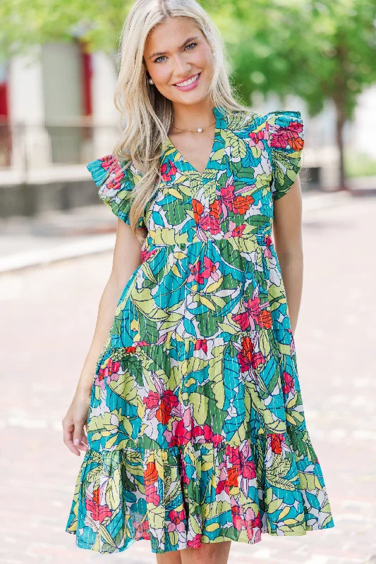 Printed Abstract Women Dress for a Modern and Artistic AppealMake It Your Own Green Tropical Tiered Dress