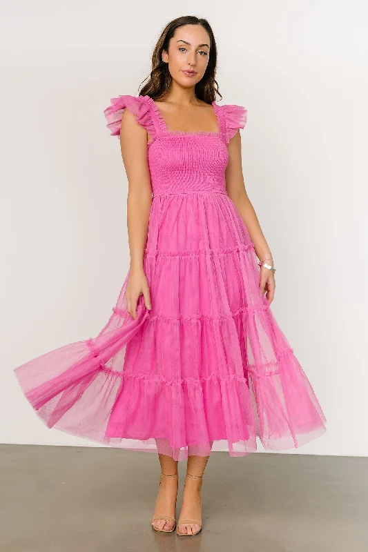 Ruffled Women Dress with Multiple Layers for a Playful and Girly StyleMindi Tulle Midi Dress | Pink