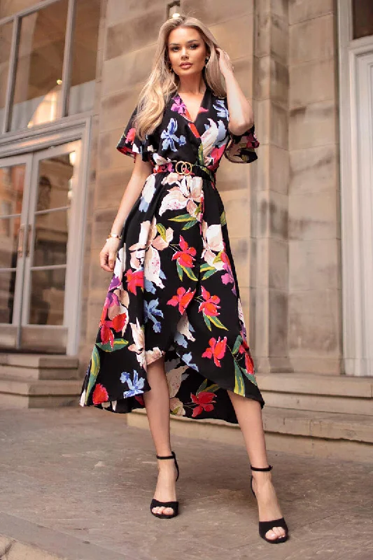 Off - the - Shoulder Women Dress for a Romantic and Feminine LookMulti Floral Printed Short Sleeve Belted Wrap Midi Dress