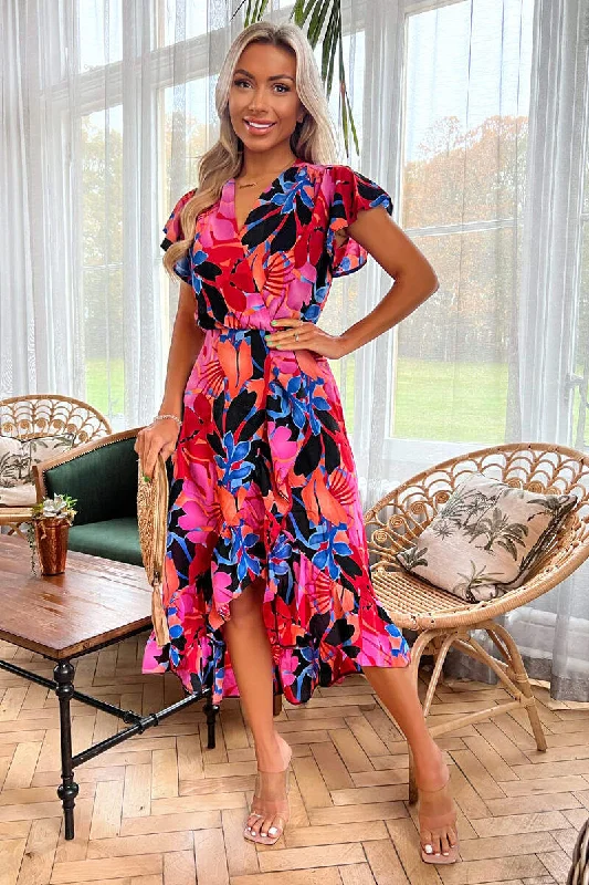 Ruffled Women Dress with Multiple Layers for a Playful and Girly StyleMulti Floral Printed Wrap Over Top Frill Hem Midi Dress