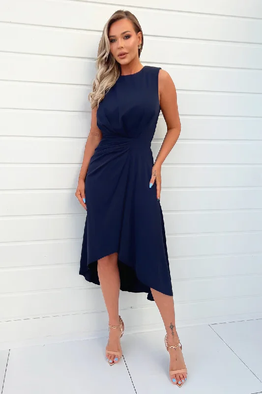 Pleated Women Dress with a Timeless and Elegant TextureNavy Gathered Midi Dress With Shoulder Pads