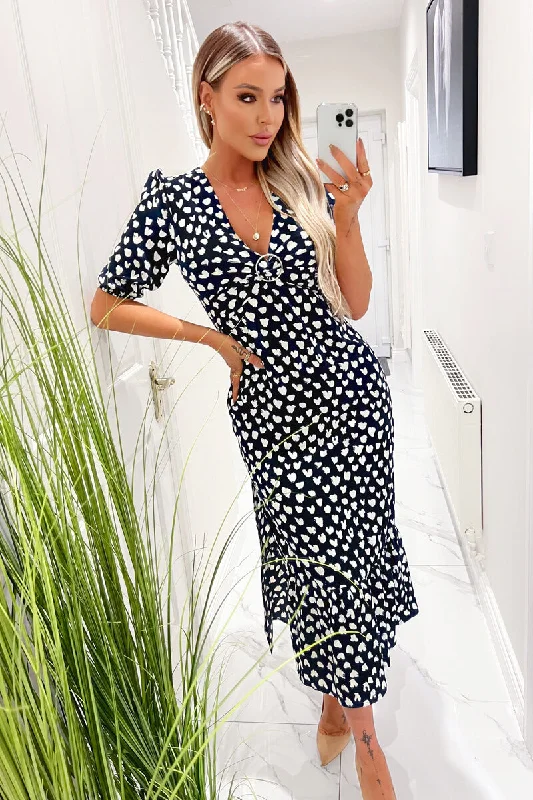 Ruffled Women Dress with Multiple Layers for a Playful and Girly StyleNavy Heart Printed Hoop Knot Short Sleeve Midi Dress