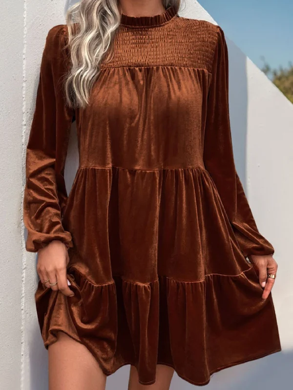 Plus Size Women Dress with a Flattering A - Line Cut for Comfort and StylePerfee Tiered Ruched Mock Neck Long Sleeve Dress