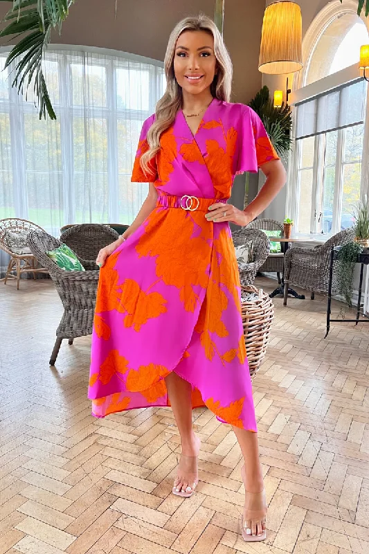 Long - Sleeve Women Dress in Velvet for a Luxurious Winter LookPink And Orange Floral Print Belted Wrap Midi Dress