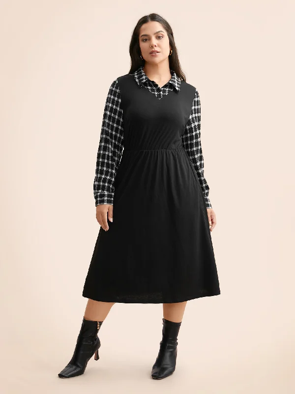 Strapless Women Dress with a Built - in Bra for Comfort and SupportPlaid Patchwork Elastic Waist Midi Dress