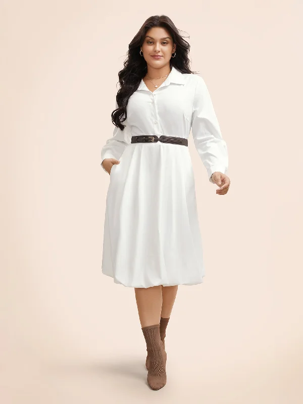 Sheath Women Dress with a Tailored Fit for a Professional LookPlain Shirt Collar Shirred Bubble Dress