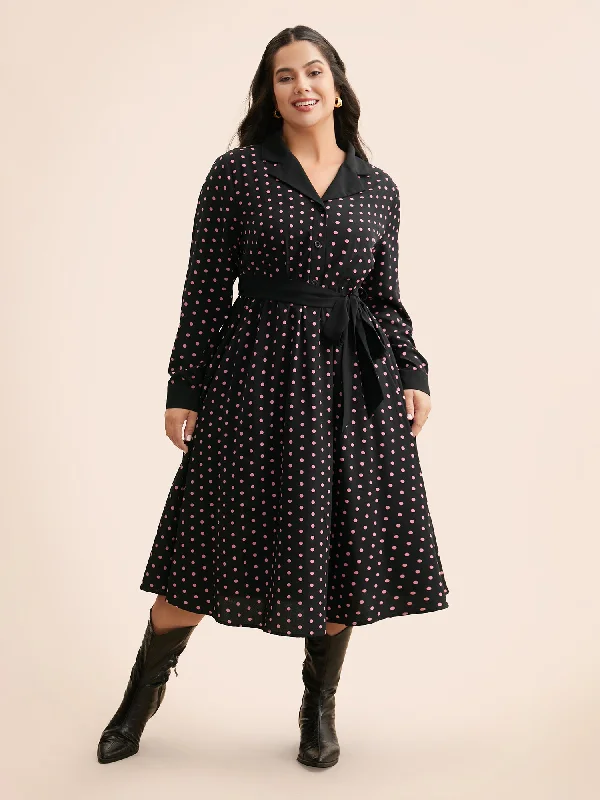 Shift Women Dress with a Simple and Classic Design for Everyday WearPolka Dot Suit Collar Belted Dress