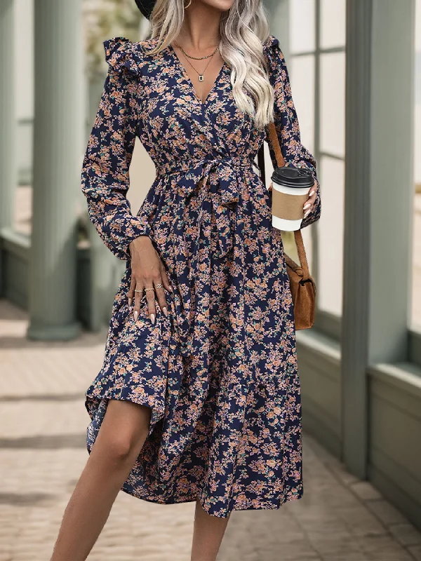 Plus Size Women Dress with a Flattering A - Line Cut for Comfort and StylePrinted Surplice Long Sleeve Midi Dress