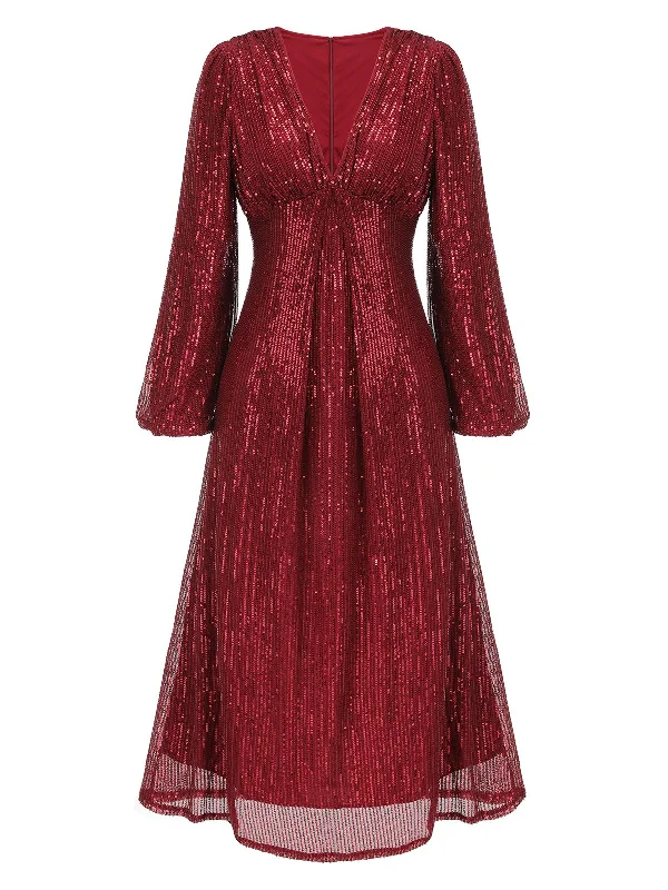 Pleated Women Dress with a Timeless and Elegant TextureRed 1930s Solid Sequined V-Neck Shift Dress