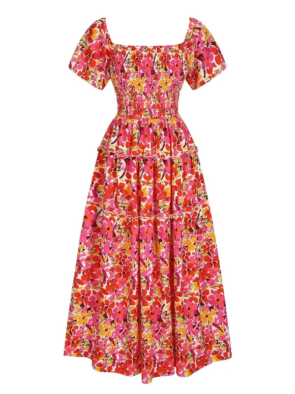 Shift Women Dress with a Simple and Classic Design for Everyday WearRed 1940s Flower Print Square Neck Tiered Dress