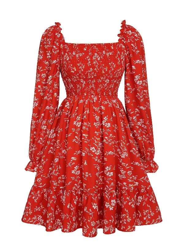 Pleated Women Dress with a Timeless and Elegant TextureRed 1950s Ditsy Floral Bishop Long Sleeve Dress