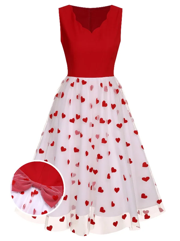 Ruffled Women Dress with Multiple Layers for a Playful and Girly StyleRed 1950s Heart Bow Sleeveless Dress