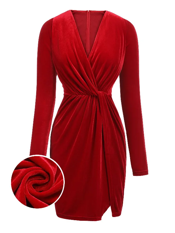 Ruffled Women Dress with Multiple Layers for a Playful and Girly StyleRed 1960s V-Neck Velvet Pleated Wrap Dress