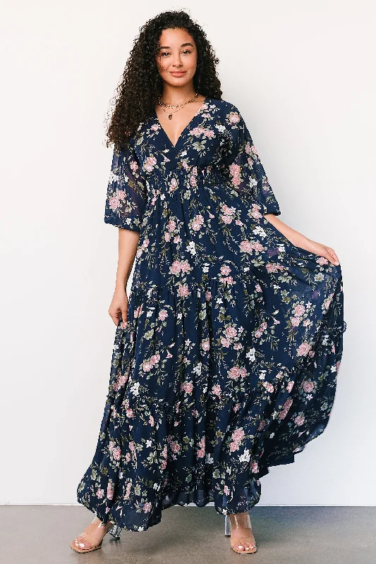 Maxi Women Dress with Floral Print for a Bohemian VibeSawyer Tiered Maxi Dress | Navy + Pink