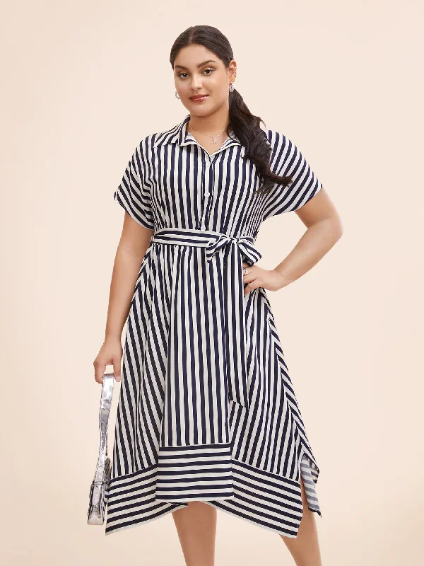 Ball Gown Women Dress with a Full Skirt for a Princess - like LookShirt Collar Striped Hanky Hem Dress