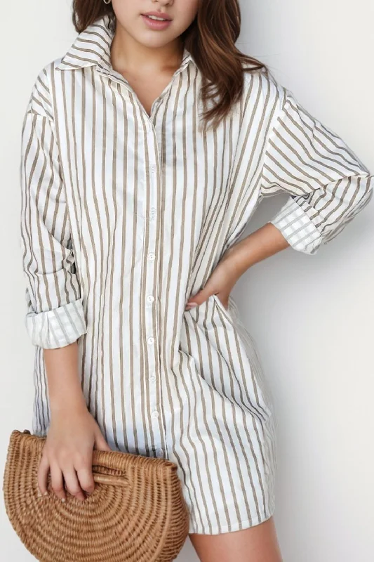 Mini Women Dress with a Short Hem for a Young and Trendy StyleStriped Long Sleeve Mini Shirt Dress