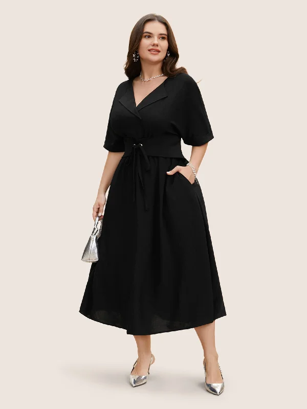 Halter Neck Women Dress to Show Off the Shoulders and NecklineSuit Collar Tie Knot Dolman Sleeve Midi Dress