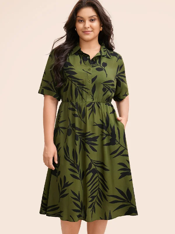 Shift Women Dress with a Simple and Classic Design for Everyday WearTropical Print Shirt Collar Midi Dress