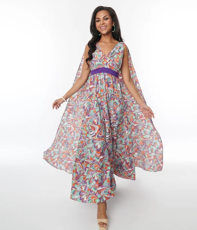 Mini Women Dress with a Short Hem for a Young and Trendy StyleUnique Vintage Purple & Mint Psychedelic Wave Print Cape Maxi Dress