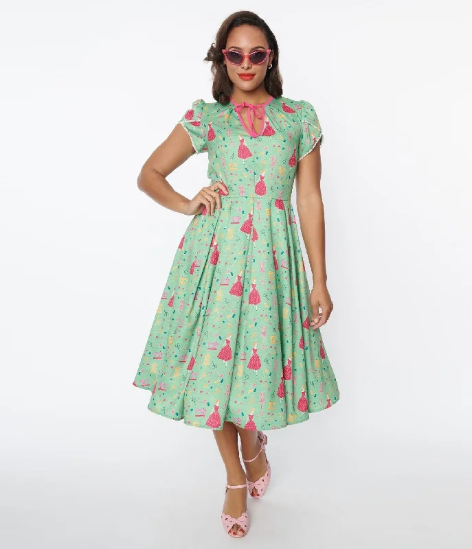 Pleated Women Dress with a Timeless and Elegant TextureUnique Vintage 1940s Sage & Retro Sewing Print Dahlia Swing Dress