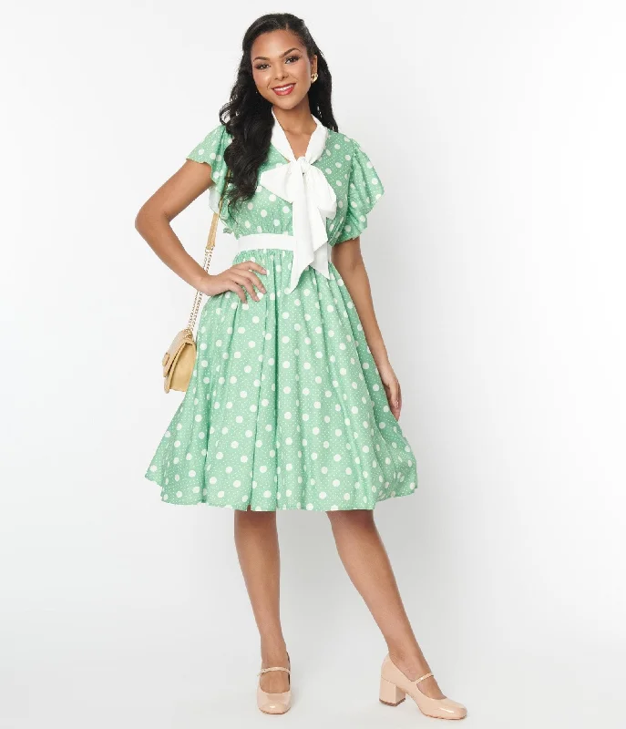 Mini Women Dress with a Short Hem for a Young and Trendy StyleUnique Vintage 1940s Sage & White Polka Dot Flutter Swing Dress